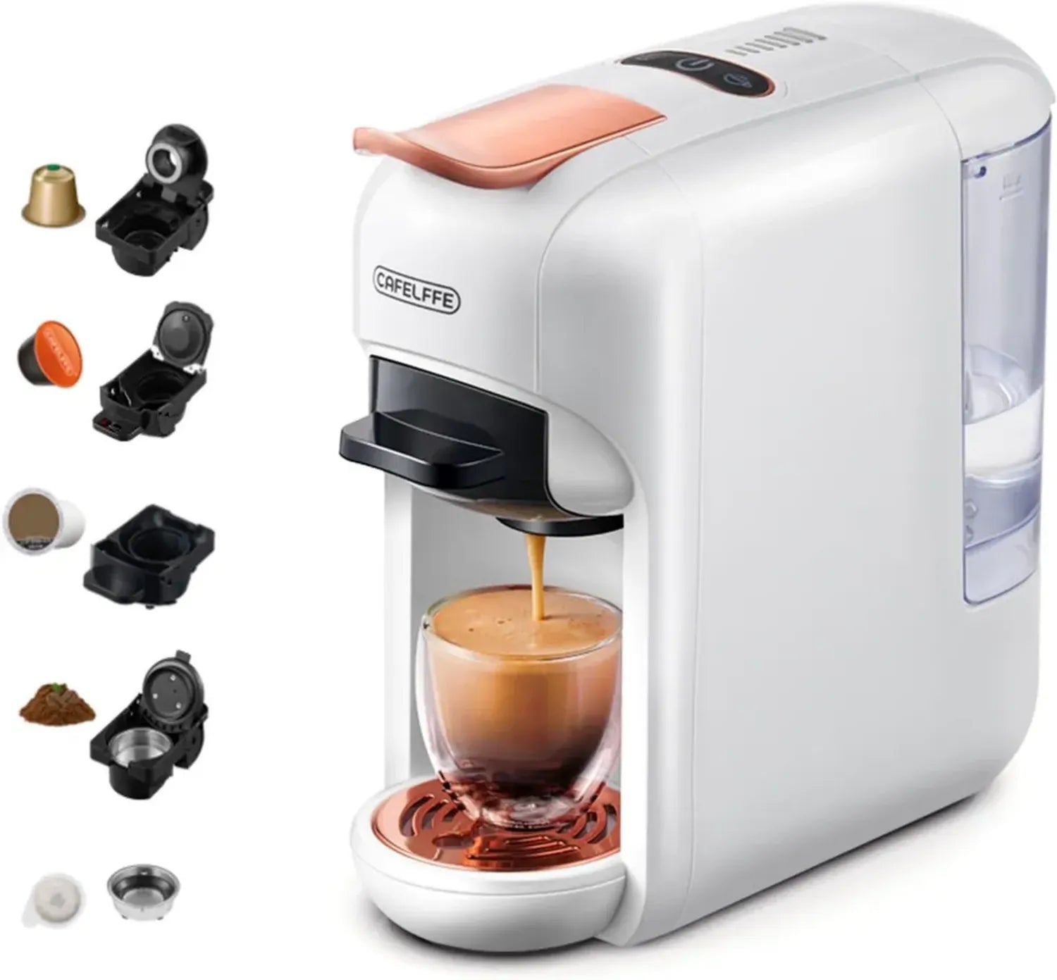 Cafetière à Capsules Multifonction 5-en-1, Expresso Chaud/Froid 19 Bars, Compatible Multi-Marques, 7 Tailles, 1450W, Blanc