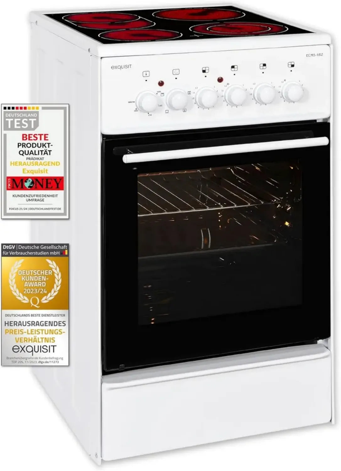 Exquisit Cuisinière Électrique 50 cm, Plaque Vitrocéramique, 46L, Blanc