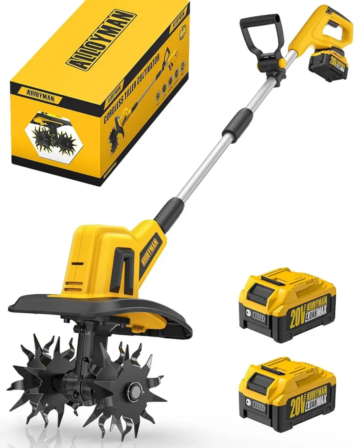 Motoculteur électrique sans fil 20V Alloyman, 360 tr/min, avec 2 batteries 2,0 Ah et chargeur, largeur 23 cm, profondeur 17 cm pour jardinage