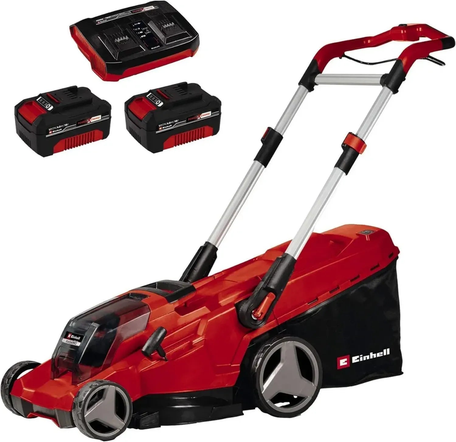 Tondeuse à Gazon sans Fil Einhell RASARRO 36/42 avec Kit Power X-Change, 36 V, Largeur de Coupe 42 cm, Surface Jusqu'à 550 m², Fonction Mulching, Bac de 50 L, Inclus 2 Batteries 4,0 Ah et Chargeur