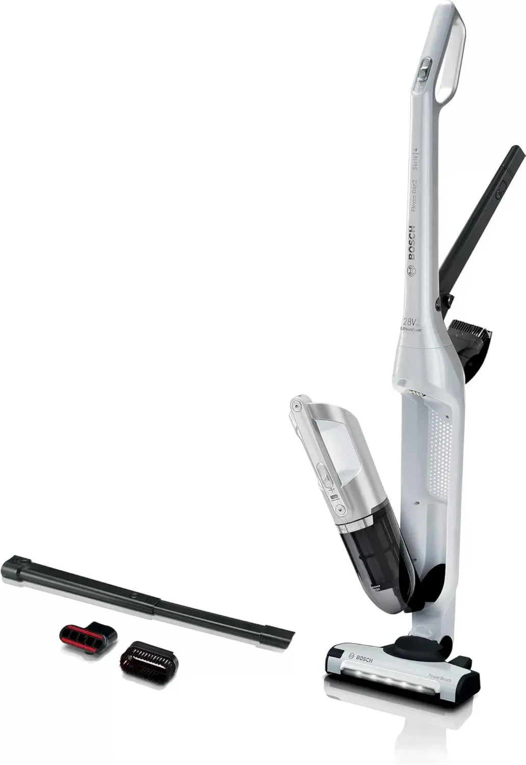 Aspirateur Balai 2en1 Bosch Flexxo Série 4, Autonomie 55 Min, Rechargeable, Accessoires Inclus, Blanc