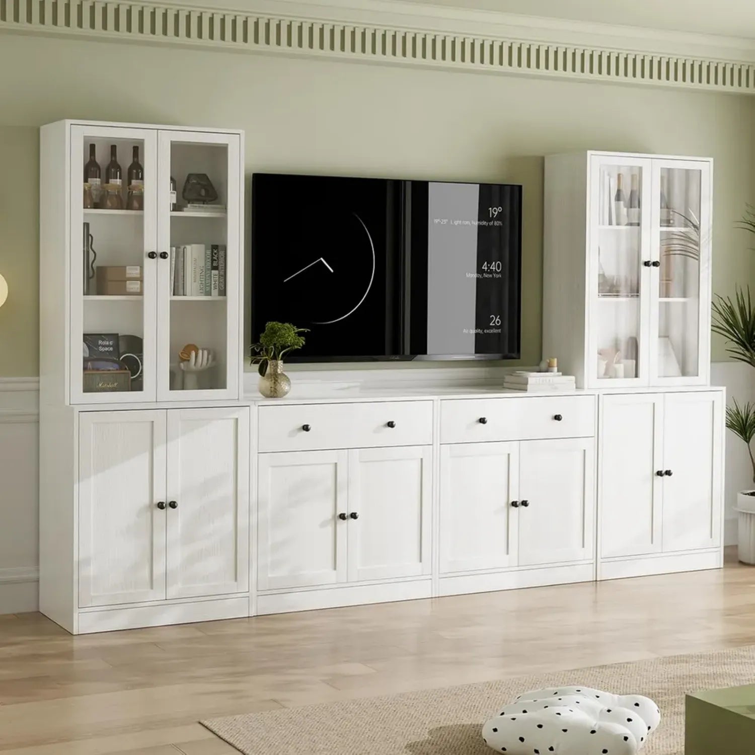 VOWNER Meuble TV Bibliothèque 75' avec Étagères et Portes en Verre, 280x180x40cm, Bois Blanc