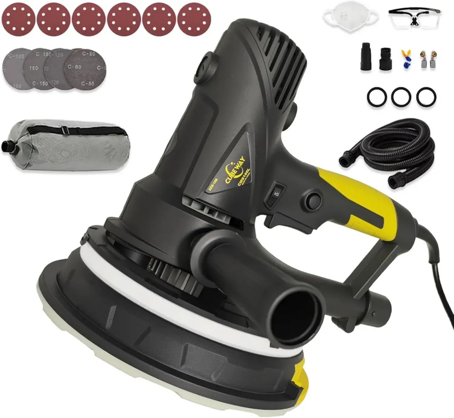 Ponceuse Murale pour Cloisons Sèches 710W, Vitesse Variable, Aspiration Réglable, Lumière LED, 10 Disques Inclus