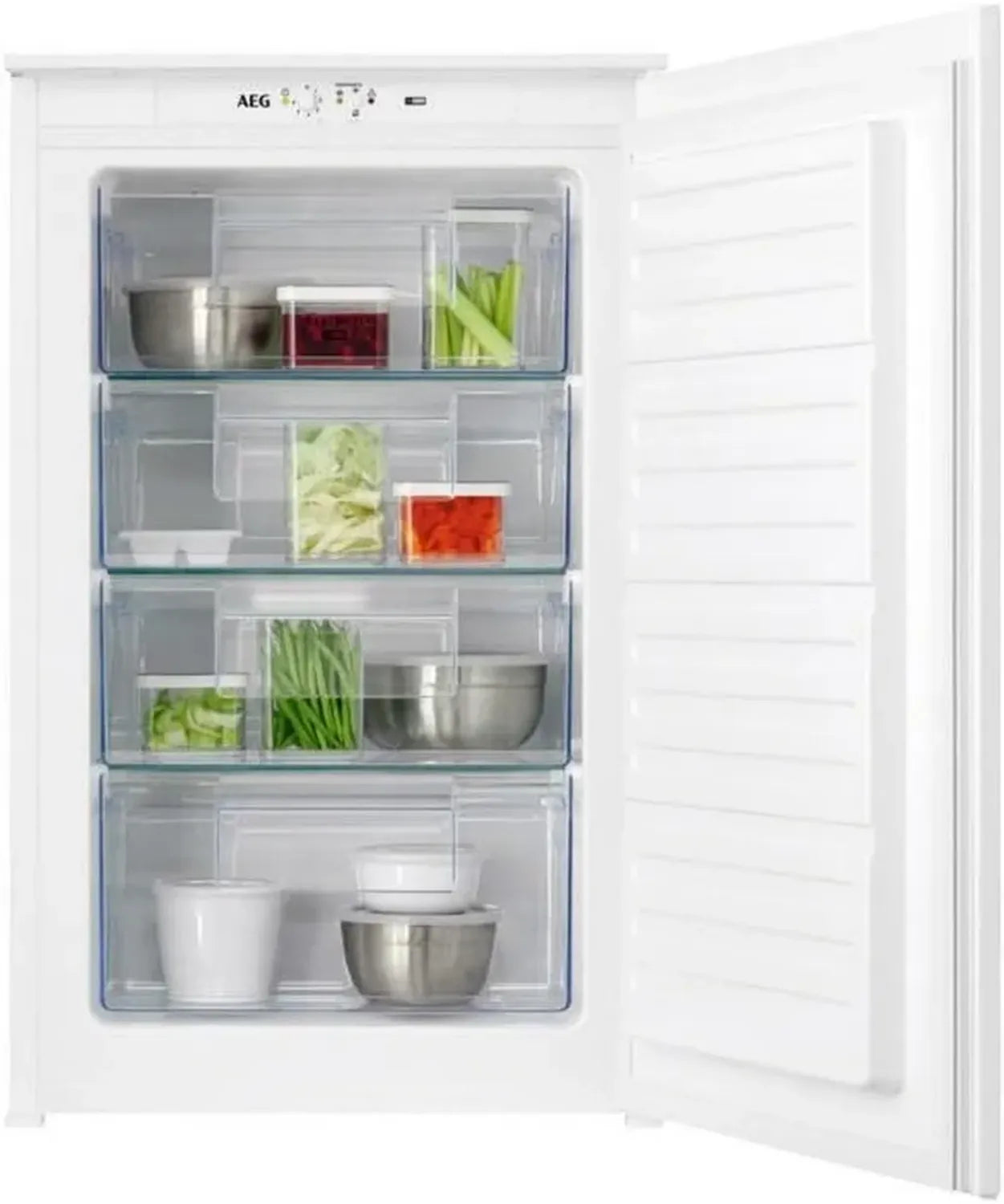 Congélateur encastrable AEG, 88 cm, 98 L, technologie LowFrost, 4 tiroirs, blanc
