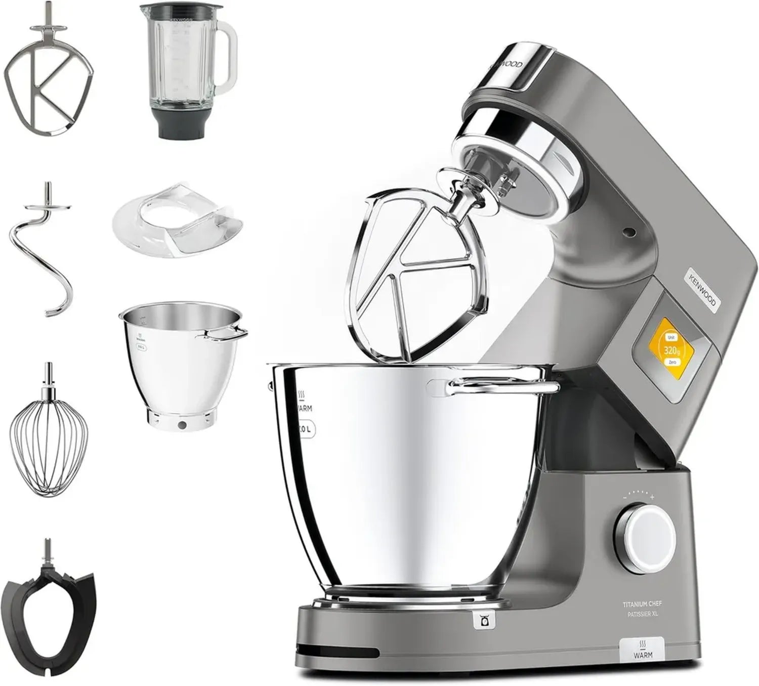 Robot Pâtissier Kenwood Titanium Chef XL, 1400W, Bol Intégré, Accessoires Complet, Couleur Argent