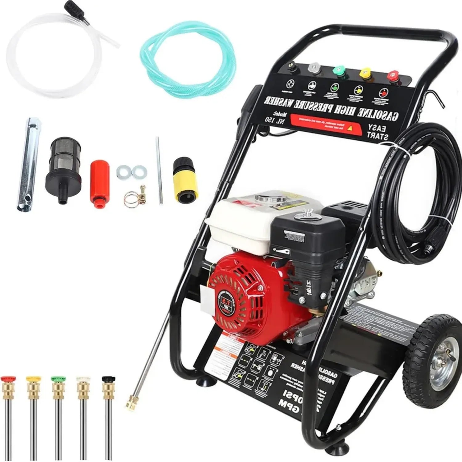 Nettoyeur à haute pression 7,5 CV essence avec lance et 5 buses, kit de tuyau 8 m pour terrasses