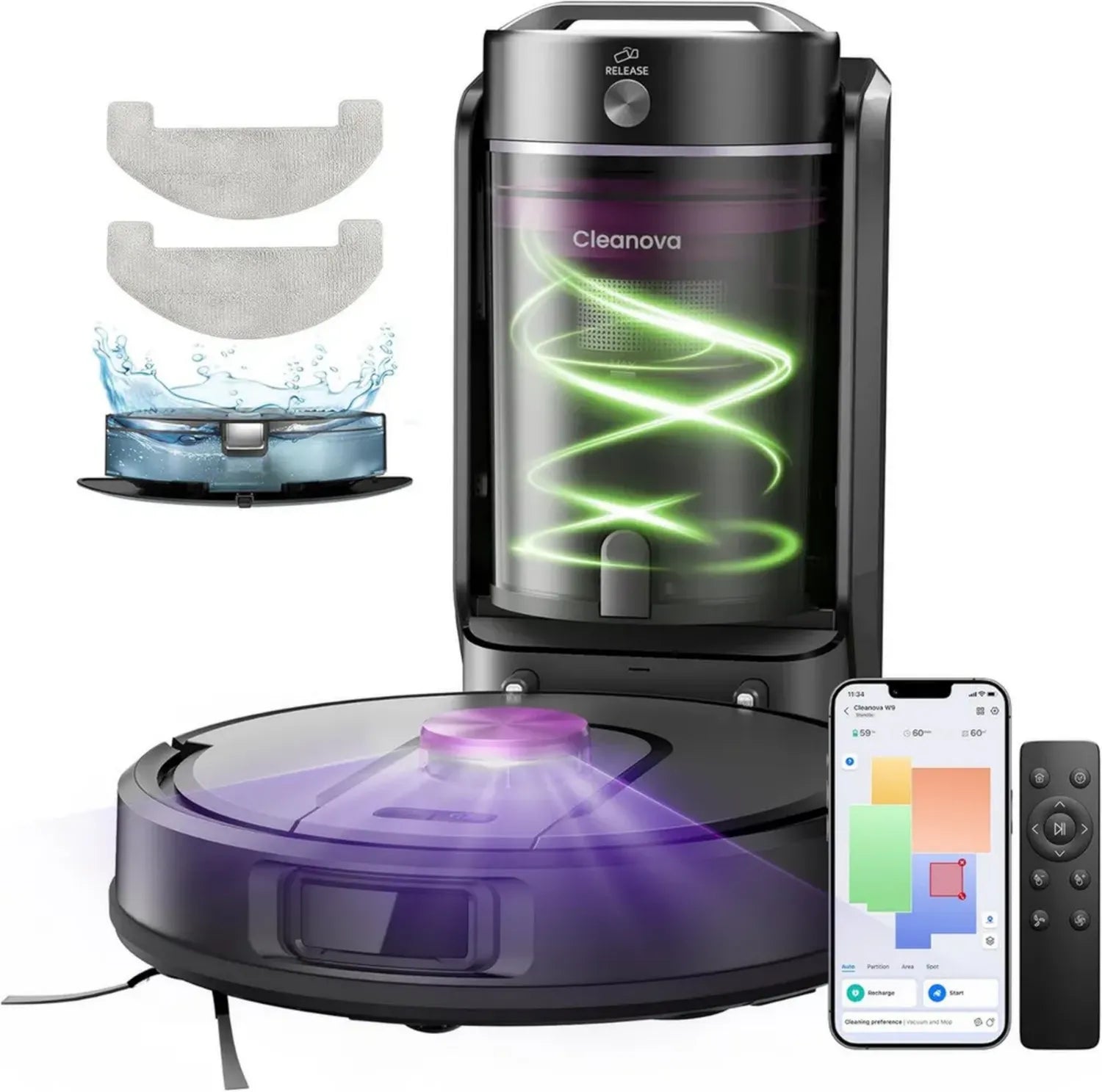 Robot aspirateur laveur sans sac avec station automatique, 10000Pa, navigation LiDAR, compatible Alexa