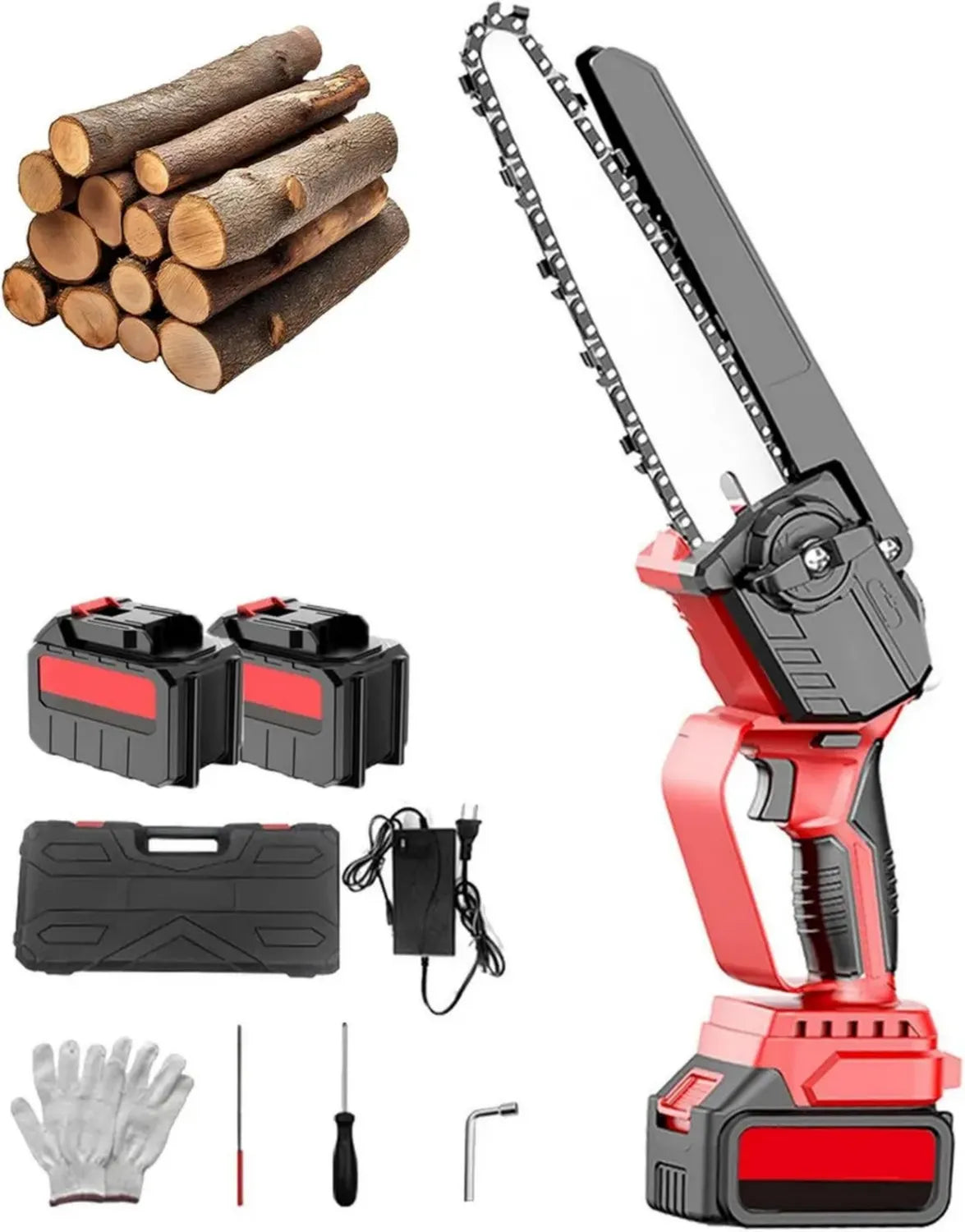 Scie à Chaîne Portative 8'' avec 2 Batteries 4500 mAh, Chargeur et Huileur