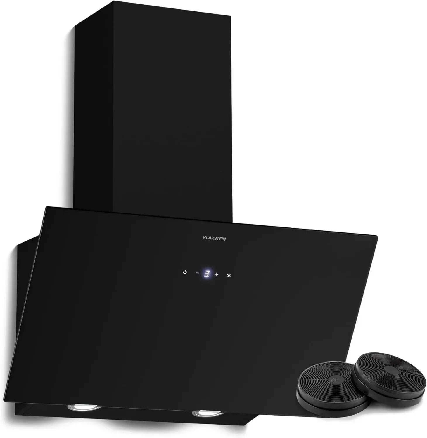 Klarstein Hotte Aspirante Verre Noir 60 cm - Inclinée A+++, 417 m³/h, LED, 3 Vitesses & Boost, Filtre à Charbon, Commandes Tactiles, Recyclage/Évacuation