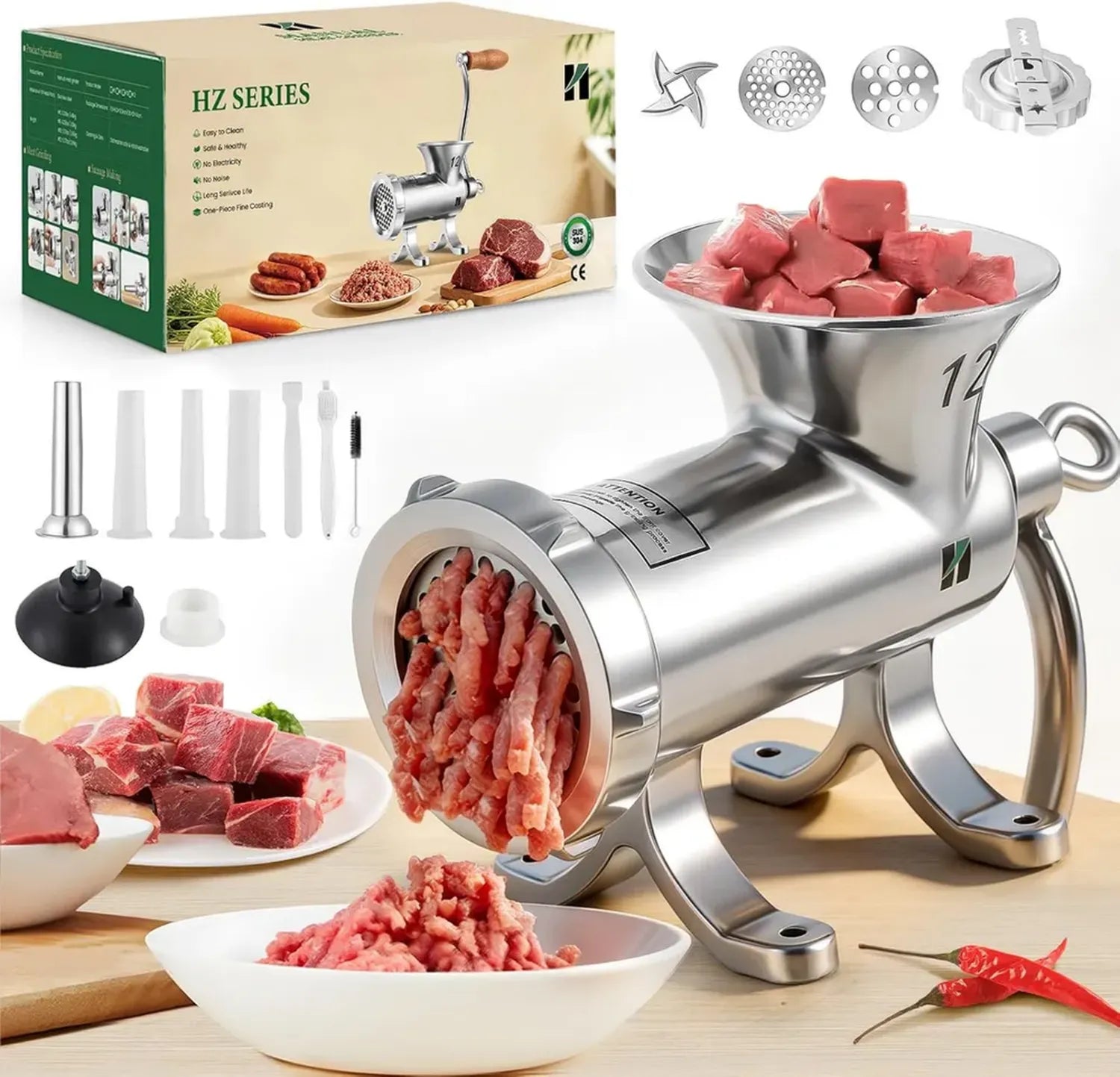 Hachoir à Viande Manuel en Inox avec Accessoires pour Saucisses et Biscuits - Lavable Lave-vaisselle