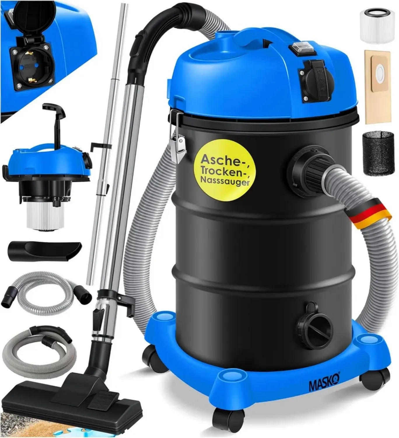 Aspirateur Industriel 6-en-1 Masko® 2300W - Eau, Poussière et Cendres, Soufflage, Prise Électrique, Bleu