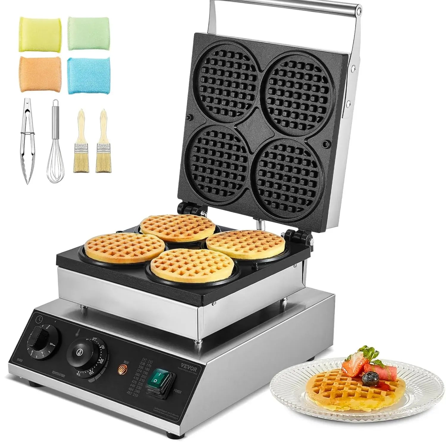 VEVOR Gaufrier Professionnel 1750W, 4 Gaufres Rondes, Inox Antiadhésif, Réglages Température et Minuterie, pour Restaurants et Boulangeries