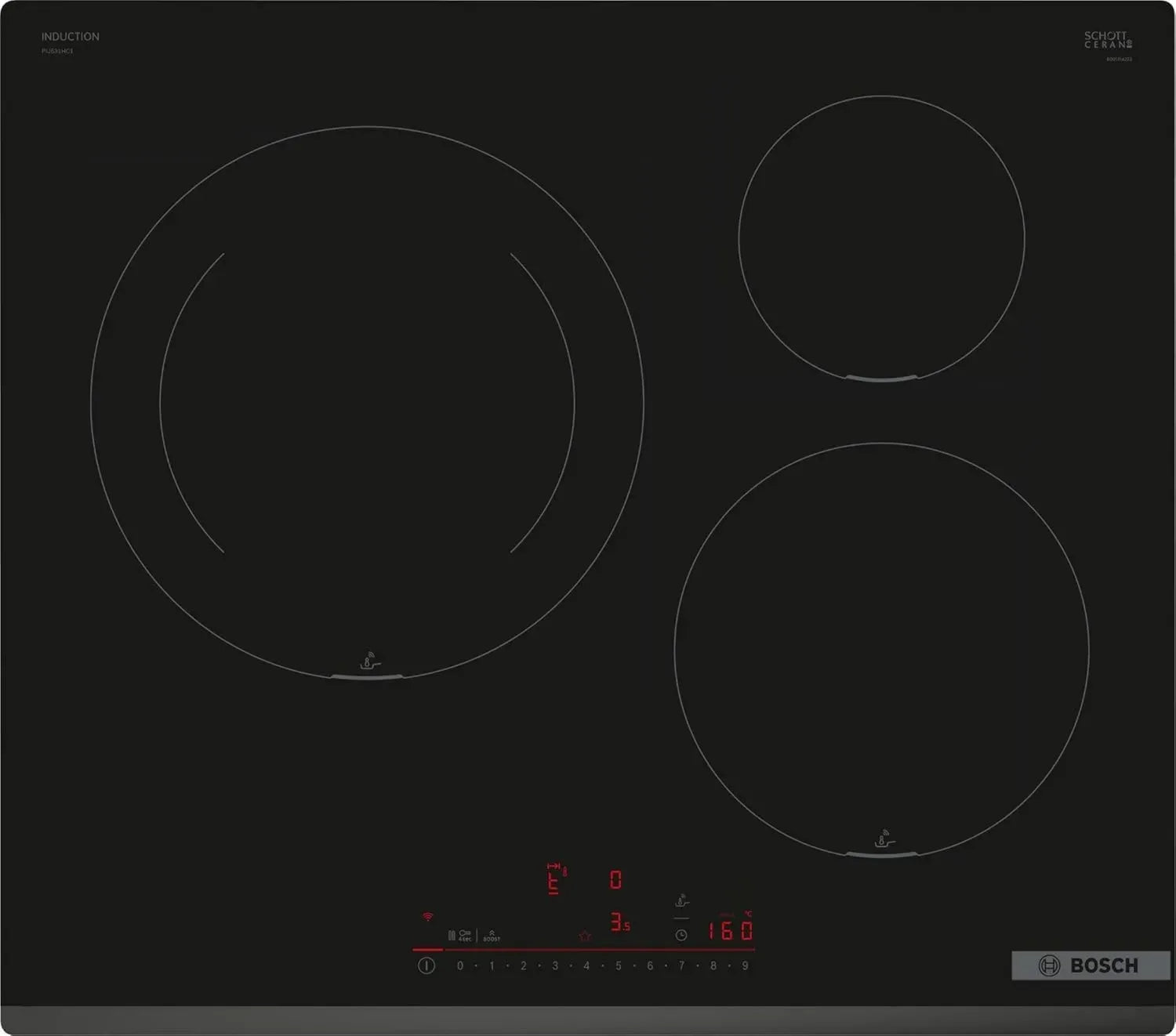 Plaque à induction Bosch 60 cm Série 6 avec 3 zones de cuisson, DirectSelect et PerfectFry Noir