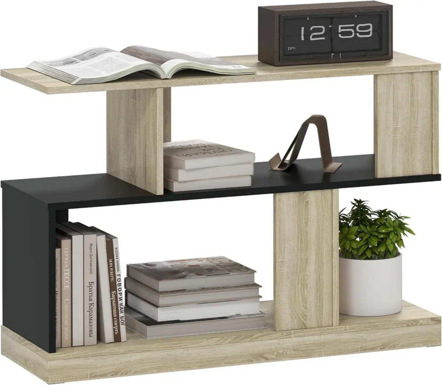Table d'Appoint en S à 3 Niveaux avec Étagères Homcom, Design Bois Naturel et Noir, pour Salon et Chambre, 90 x 30 x 61 cm