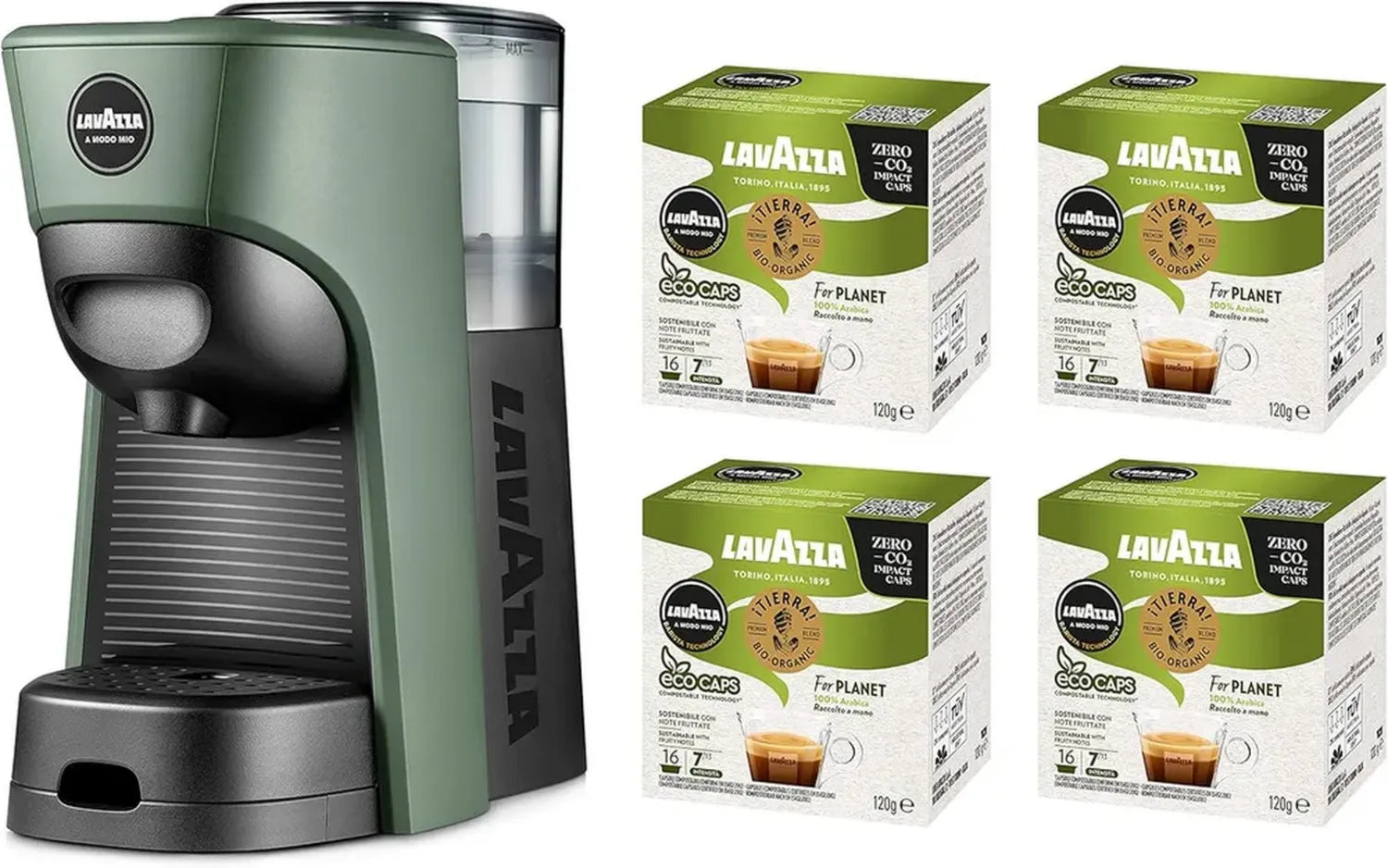 Machine à café Lavazza A Modo Mio Tiny Eco Vert avec 64 capsules ¡Tierra! Assorties, Expresso en plastique recyclé, 1450 W, 220-240 V, 0,6 litre